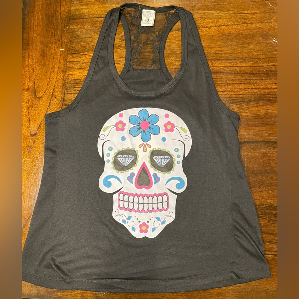 BLACK, LACE RACERBACK, TANK TOP WITH SUGAR SKULL DETAIL